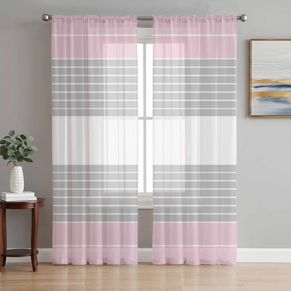 Pink Striped Semi Sheer Curtains 96 Inch Length 2 Panels Set, Multicolor Grey White Horizontal Stripes Sheer Kitchen Curtain Privacy Voile Window Curtain for Living Room Bedroom Rod Pocket Drapes