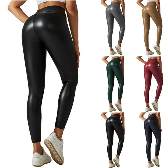 Olyvenn Women's Large Size Casual Thin Leather Pants Trendy Leggings High Waist Lightweight Solid Color Leggings for 2023 Trendy Women Black 4