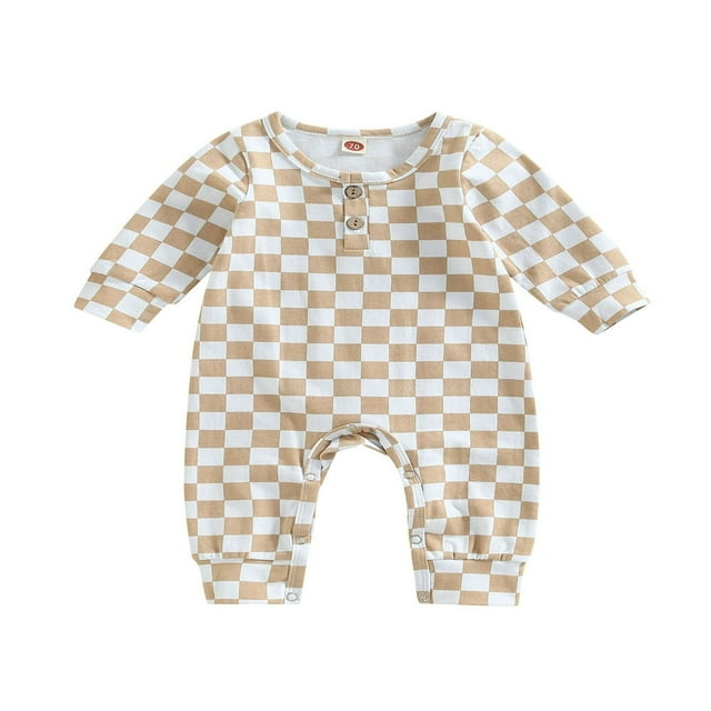 Combinaison d'Automne à Manches Longues pour Bébés Garçons et Filles, Col Boutonné, Barboteuse à Carreaux