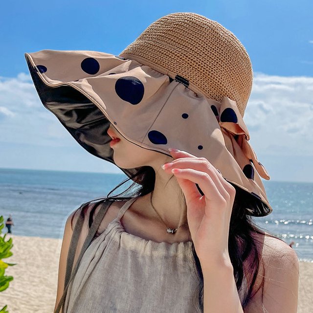 LinYooLi Dot Shading Hat Summer Female Vinyl Bow, Large Eaves Sunscreen Hats