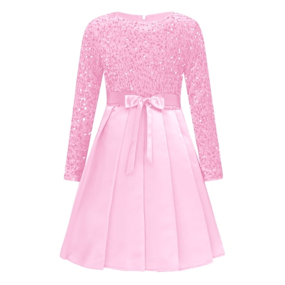 Oyolan Girls Sequined Party Formal Dresses Kids Long Sleeve Holiday Wedding Graduation Birthday Christmas Dress Pink 16