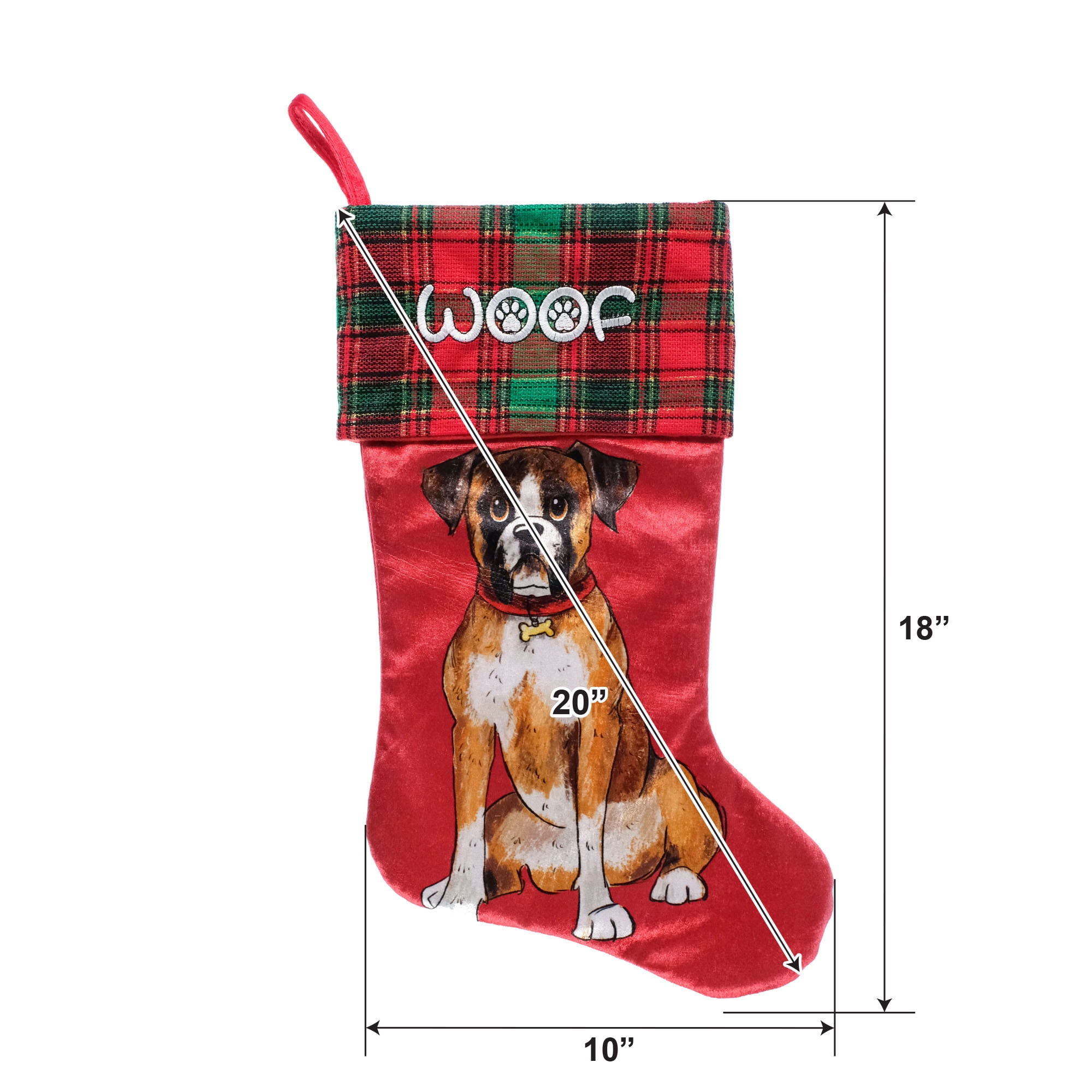 ASPCA, Boxer 20 inch Velour Christmas Stocking, Red, Multi-Color