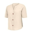 thumbnail image 6 of Beige Womens Blouses Linen Shirts for Women Summer Cotton Linen V Neck Short Sleeve Tops Loose Vacation Beach Solid Blouses Tunic Tops Ladies Tops and Blouses, 6 of 6