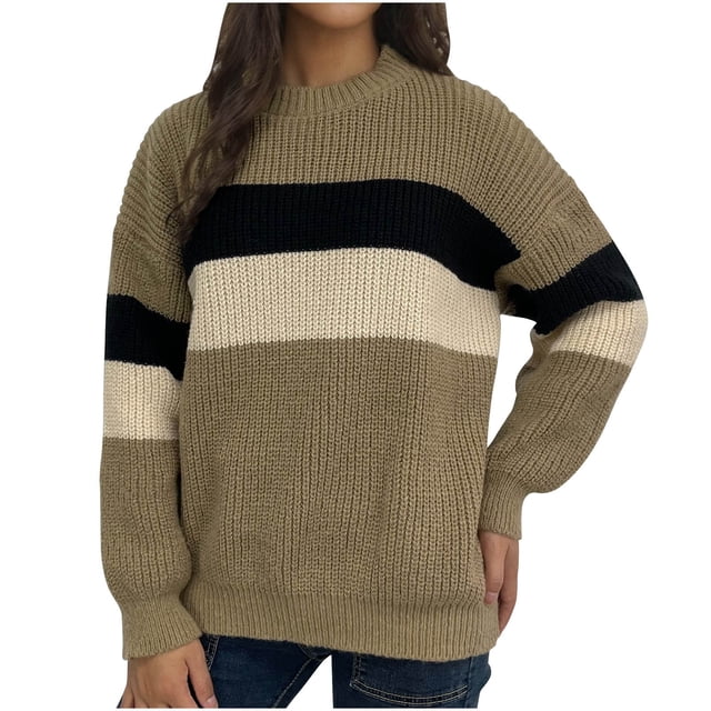 Timegard Womens Sweaters Plus Size Long Sleeve Tops Crewneck Color Block Pullover Fall Winter Clothing