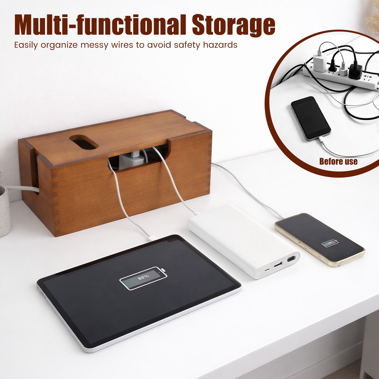 Threns Wood Cable Management Box,Wooden Cord Hider Desk Organizer for Power Strip,Electrical Hiding,TV Wires,Floor Cables,Office Under Desk Cable Storage Box for Wire,12.13 x 5.31 x 5.28 in