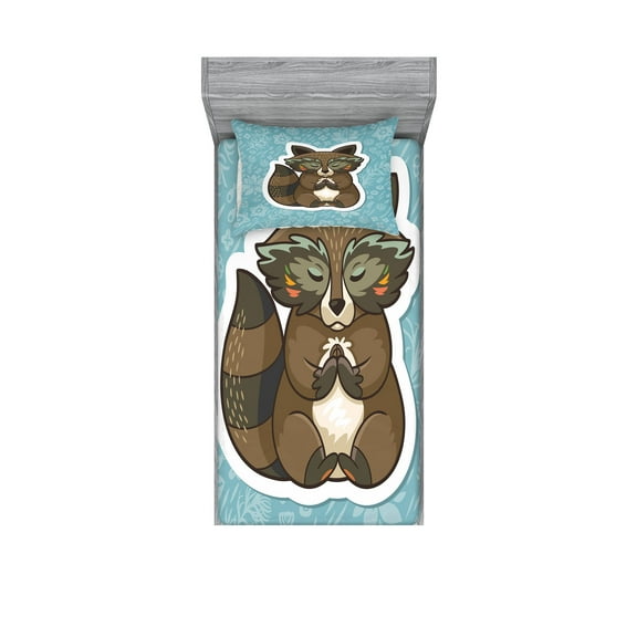 Ambesonne Cartoon Fitted Sheet & Pillow Sham Set, Raccoon on Meadow, Twin, Dark Green Turquoise
