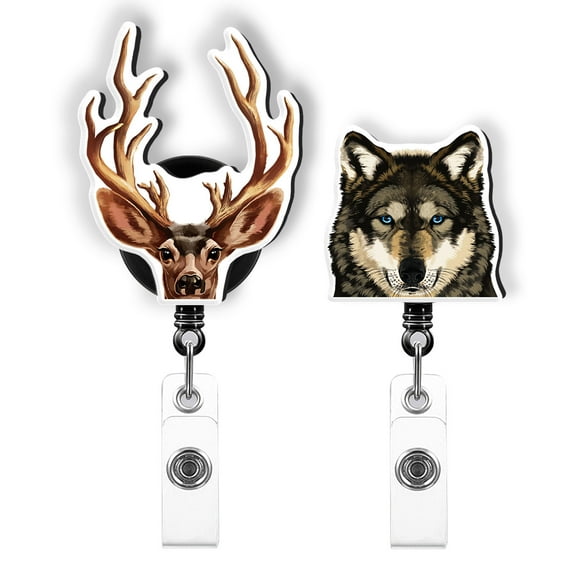WIRESTER Set 2pcs Design Acrylic Key Card Holder Belt Clip Reel Id Badge Retractable - Buck Deer Gray Wolf