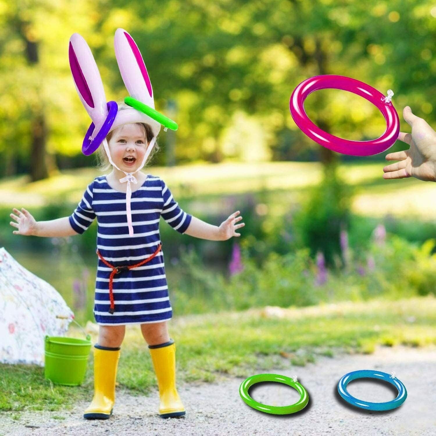 6 Sets, 24 Rings 6 Packs Easter Inflatable Bunny Ears Ring Toss Game Easter Rabbit Ears and Colorful Rings for Easter Gifts Easter Party Games Favors Supplies Kids Indoor Outdoor Toys 