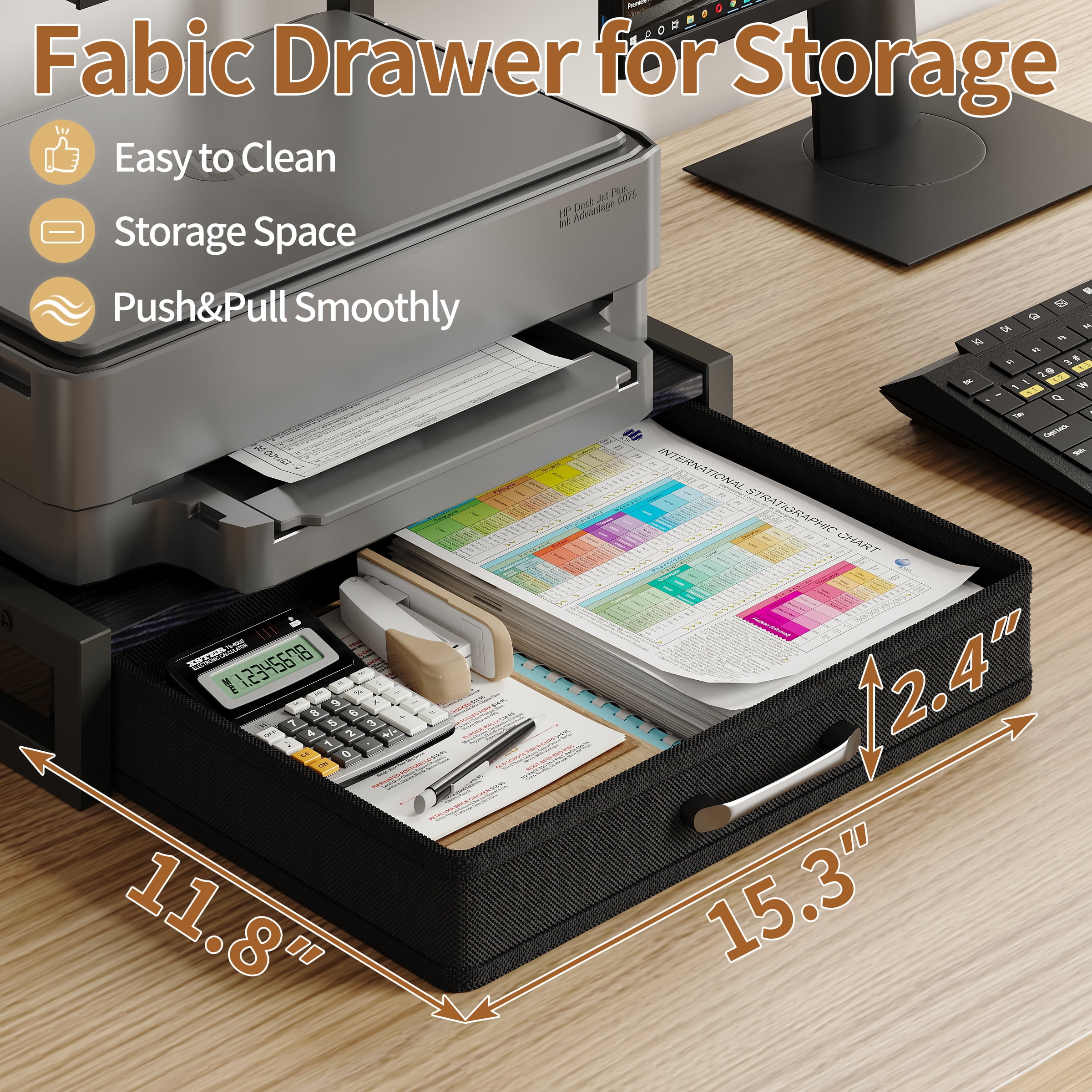 MIN EN WIN 2-Tier Monitor Stand Riser with Fabric Drawer, Sturdy Desk Organizer for Adult Home Office