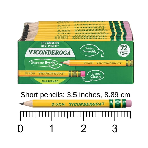 Ticonderoga Short, Golf Wood Pencils, Sharpened, Yellow,#2 HB, With Erasers, Yellow, 72 Count