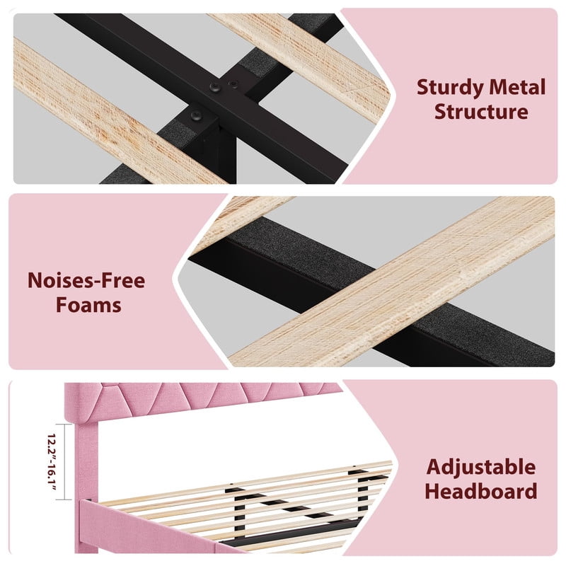 Kicctian Pink King Bed Frame with Upholstered Headboard, Heavy-Duty Platform Bed with Strong Wood Slats, No Box Spring Needed, Noise Free, Easy Assembly