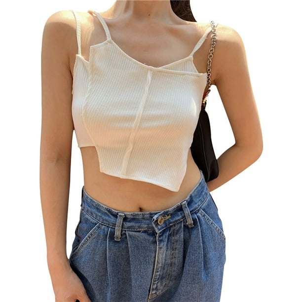 Txlixc Camisola de punto acanalado para mujer, correa de espagueti con dobladillo irregular Txlixc Sexy