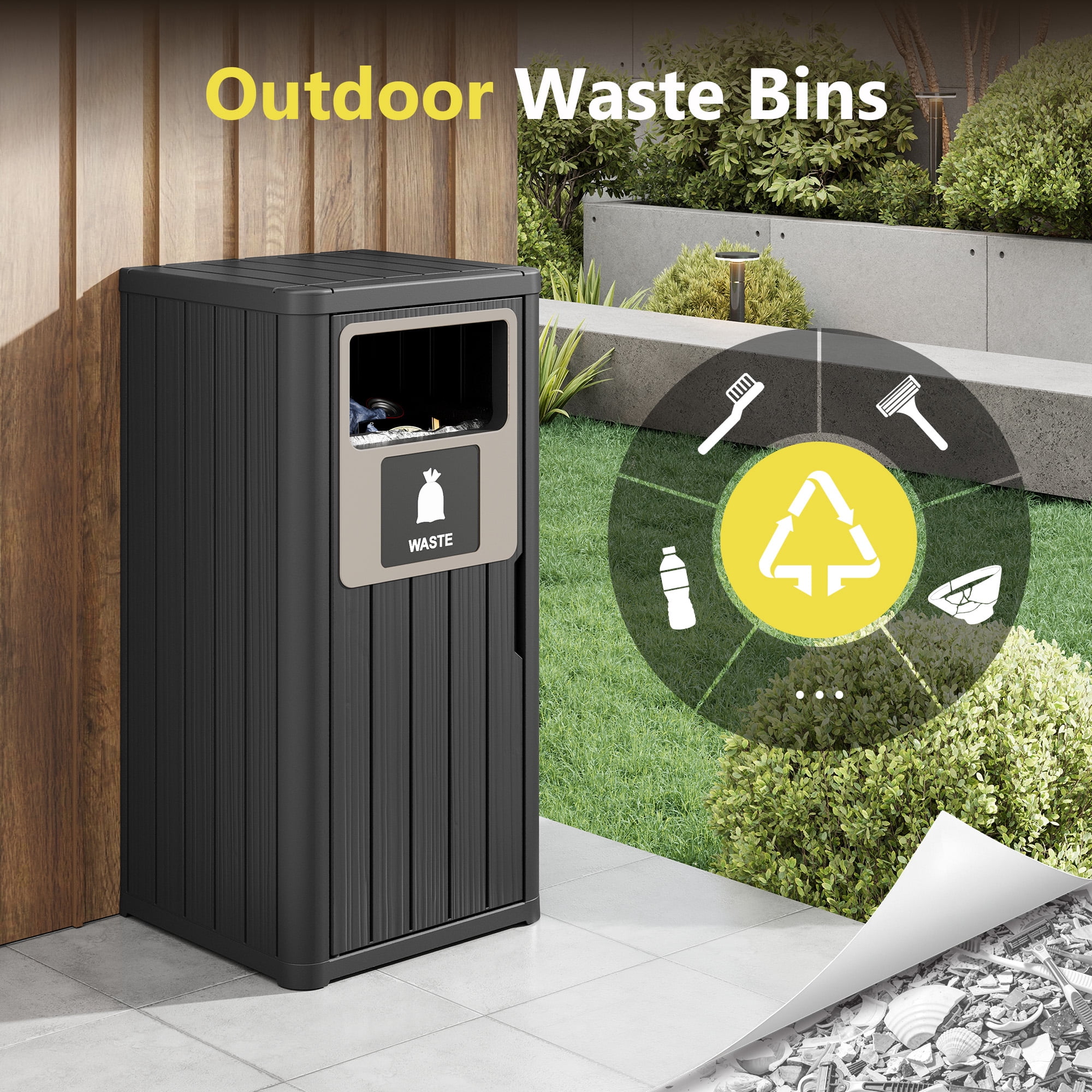Nihsuao 42 Gallon Resin Trash Can, Durable & Waterproof Outdoor Garbage Bin with Garbage Labels, Weather-Resistant Waste Bin for Indoor Kitchen, Outdoor Porch, Backyard, (Black, 1)