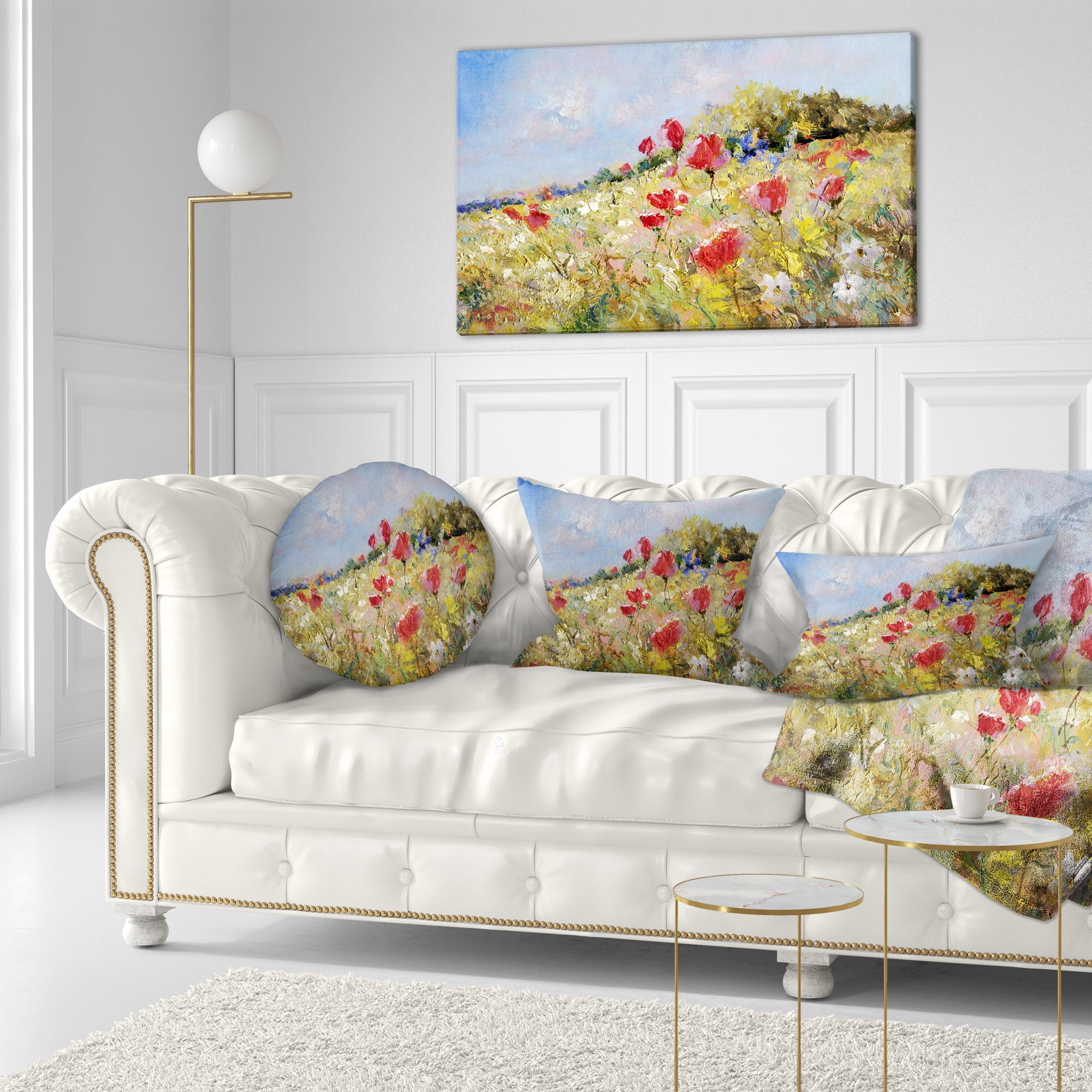 Designart Painted Poppies on Summer Meadow - Landscape Printed Throw Pillow - 12x20