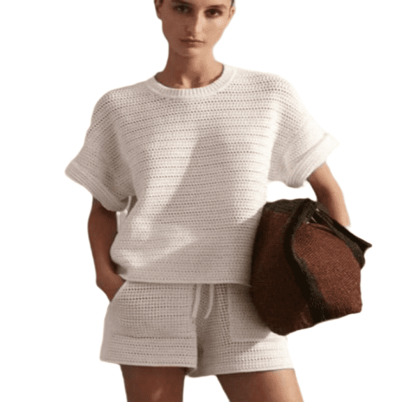 LYMAYTER Hollow Knit Set for Women's Swimsuit Coverup Short Sleeve Top & Shorts Bathing Suit Cover Up
