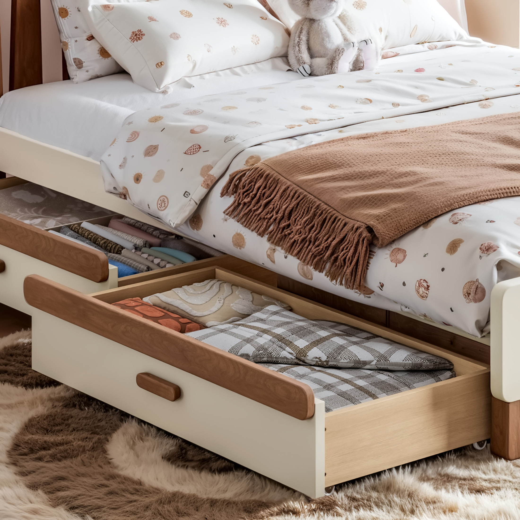 GDF Studio Full Size Platform Bed with Storage Drawers, Round Headboard, No Box Spring Needed, Beige+Brown