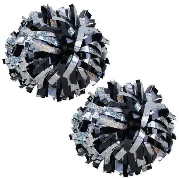 Holographic Cheer Pom Poms Cheerleading Cheerleader Gear 2 piece 1 pair(Black/Silver)