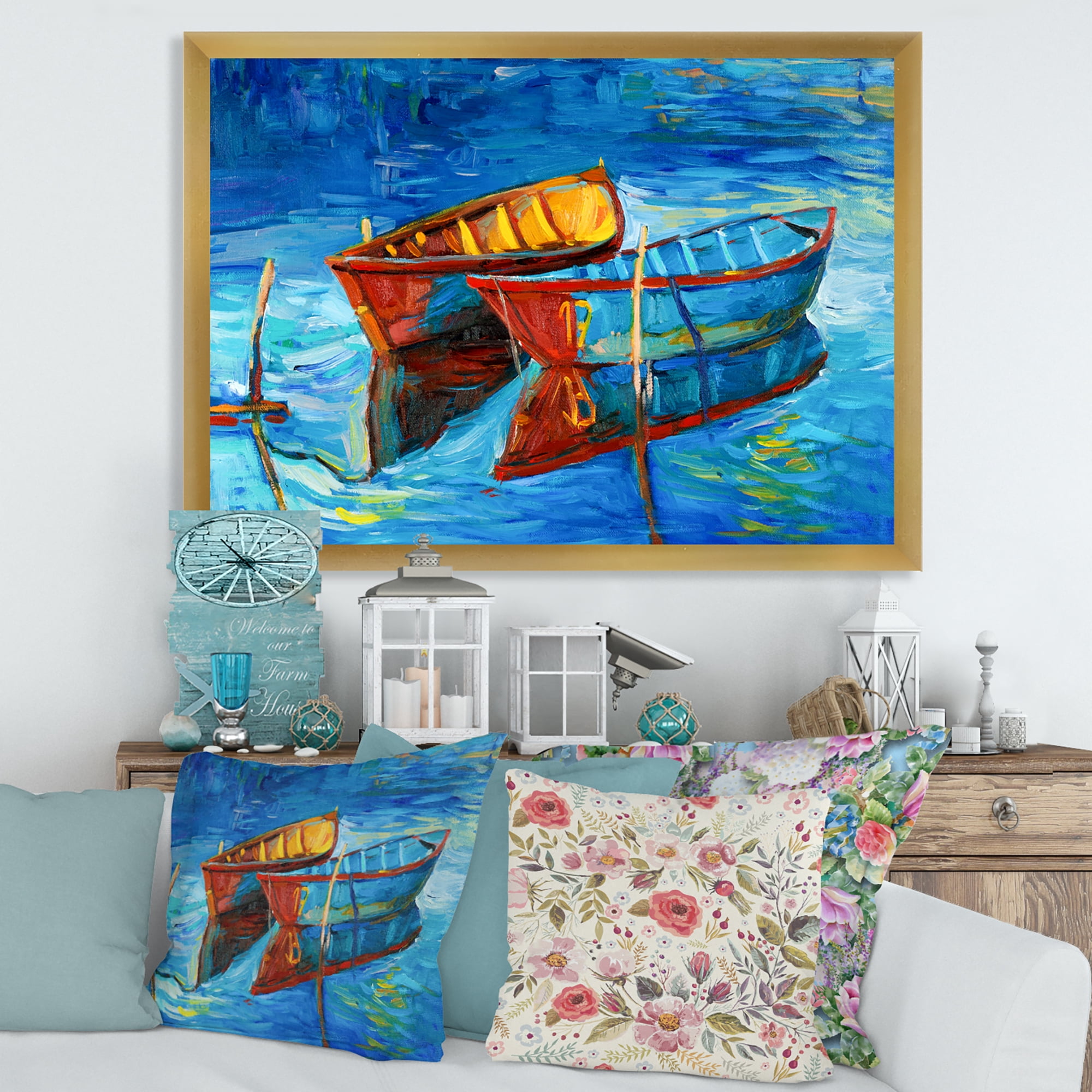 Boat At The Lake During Evening Glow III 40 in x 30 in Framed Painting Canvas Art Print, by Designart