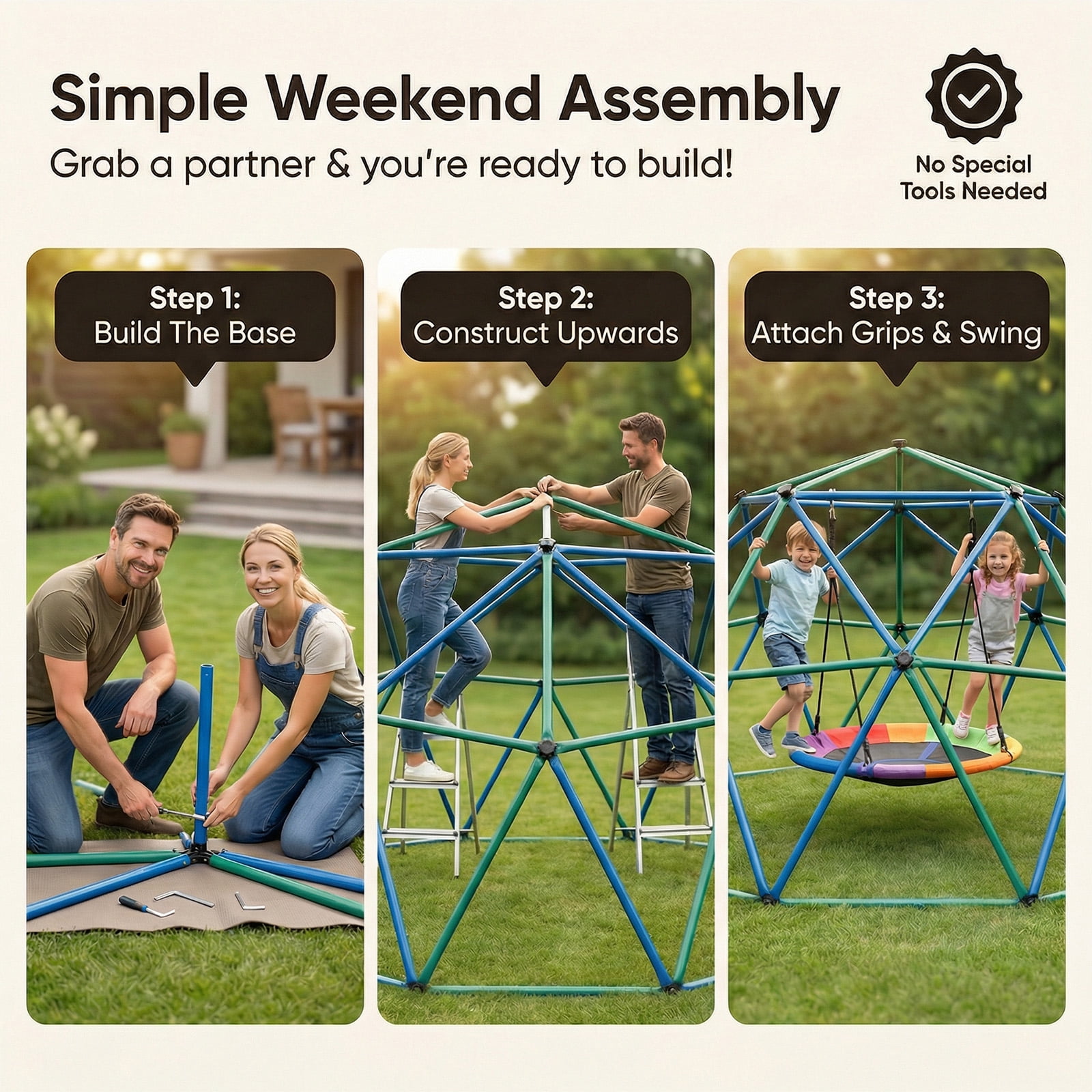 TABU 10FT Climbing Dome with Swing Set, Outdoor Jungle Gym for Kids, Supports up to 1000lbs, Rust-Resistant, Easy Asssembly