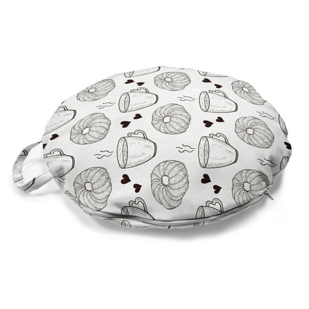 

Tea Party Round Floor Cushion with Handle Engraving of Freshly Baked Bun Hot Cup of Tea Hearts Graphic Print Pillow for Living Room & Dorms 18 Round Charcoal Grey and White by Ambesonne