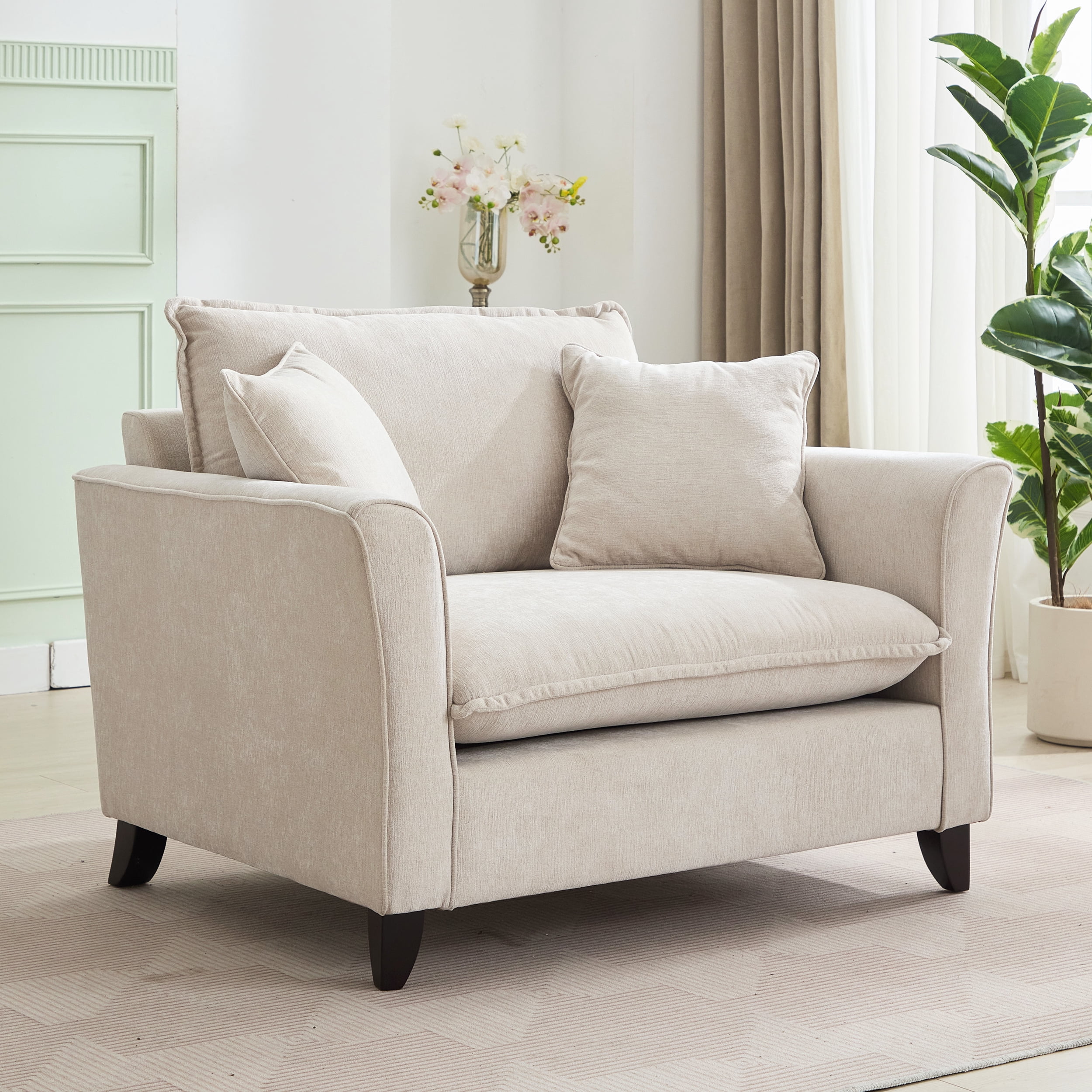 Euroco 46.9" Oversized Armchair, Chenille Fabric, Comfy Chair and a Half Single Sofa with Pillow for Living Room Bedroom Office Apartment, Cream