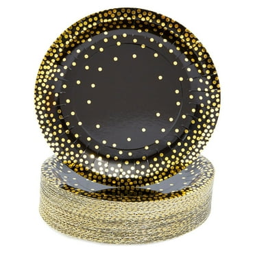 48-Pack Black and Gold Party Plates, 7 Inch Paper Plates for Birthday Cake and Desserts