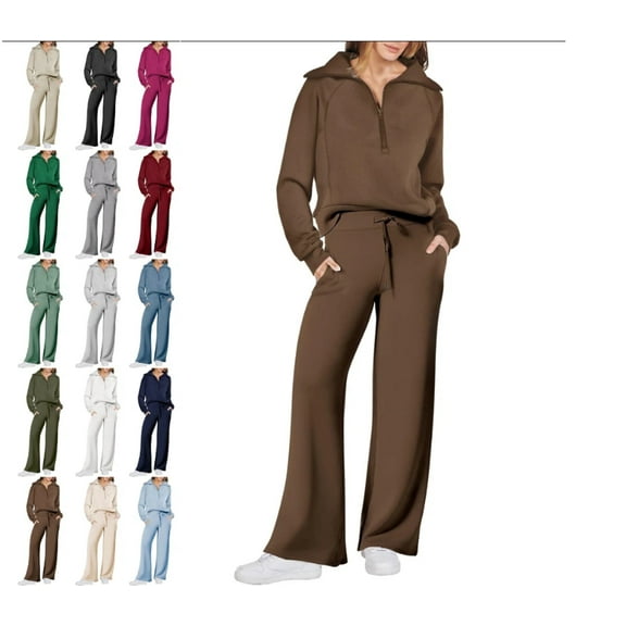 Women's 2 Piece Outfits, Casual Lapel Half Zip Sweatshirts and Baggy Sweatpants with Pockets, Fall And Winter Lounge Sets Coffee L