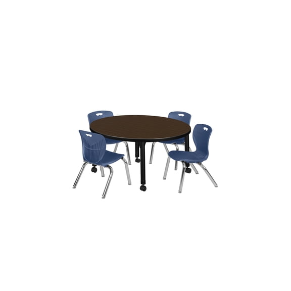 Regency Kee 42 in. Round Mobile Adjustable Classroom Table- Neo Walnut Top, Black Base & 4 Andy 12 in. Blue Stack Chairs