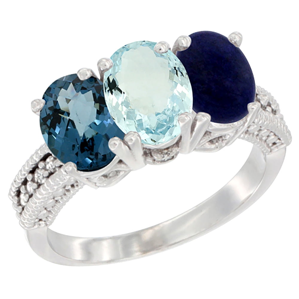 14K White Gold Natural London Blue Topaz, Aquamarine & Lapis Ring 3-Stone 7x5 mm Oval Diamond Accent, sizes 5 10 by WorldJewels