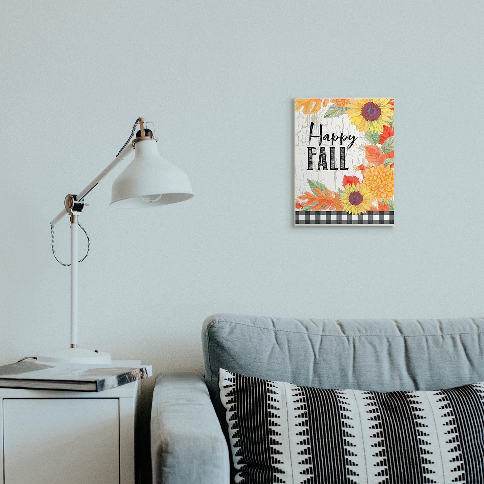 Stupell Industries Happy Fall Phrase Checkered Plaid Sunflower Floral Landscape Painting Wall Plaque Art Print Wall Art, 10 x 15