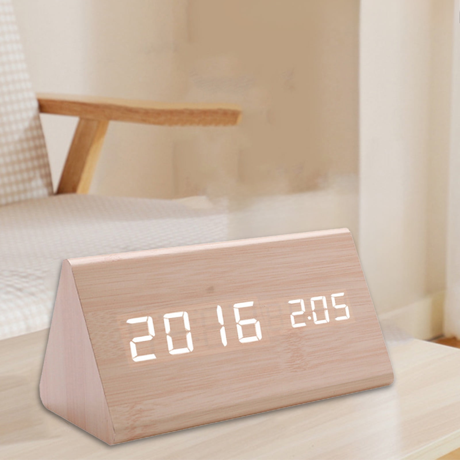 VQPeo Modern Wooden LED Alarm Clock – Digital Wall or Desk Clock with Day, Date & Temperature Display, USB & Battery Powered, Adjustable Brightness, 3-Alarm Timer