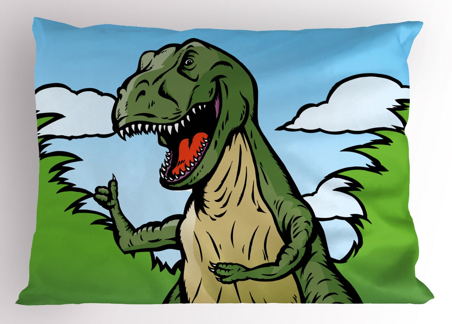 Dinosaur Pillow Sham Cartoon TRex with Funny Face Giving Thumps Up Clouds Trees Sky, Decorative