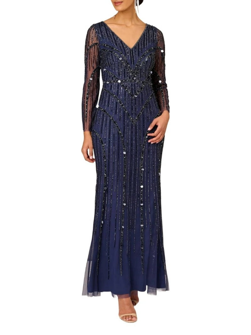 aidan mattox navy blue dress Aidan Mattox Off Shoulder Sequin Gown main image 1