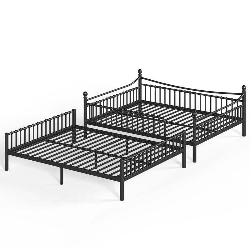 Queen over Queen Metal Bunk Bed with Curved Guardrail, Round Tube Bedpost Detachable Bed Frame for Kids, Teens & Adults