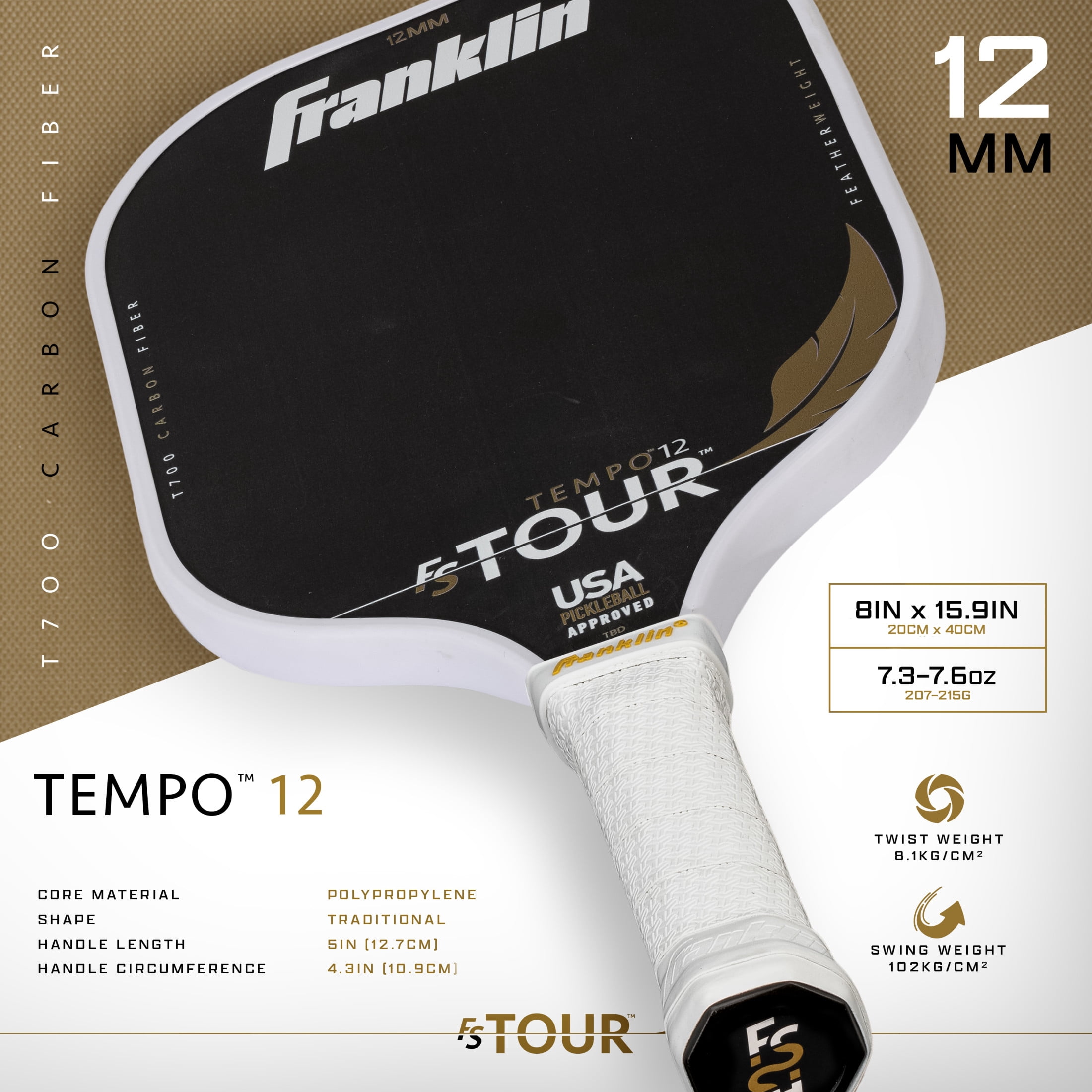 Franklin Sports Pro Pickleball Paddles - FS Tour Featherweight Series Lightweight Paddles - USA Pickleball Approved - Raw Carbon Fiber Surface - Tempo - 12mm Polymer Core - White