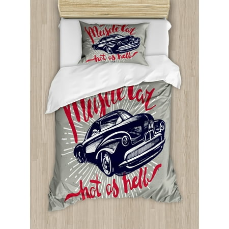 Cars Duvet Cover Set, Hot as Hell Muscle Car Quote Classic Vintage Sports Car in Navy Blue, Decorative Bedding Set with Pillow Shams, Navy Blue Red Pale Grey, by (Best Bedding For Hot Climates)