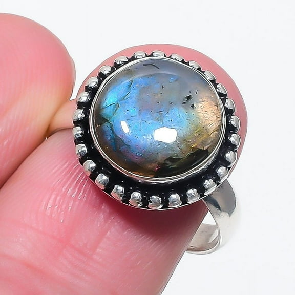 Blue Fire Labradorite Gemstone Ring Handmade Antique Gift Jewelry 8.25" FR 5339