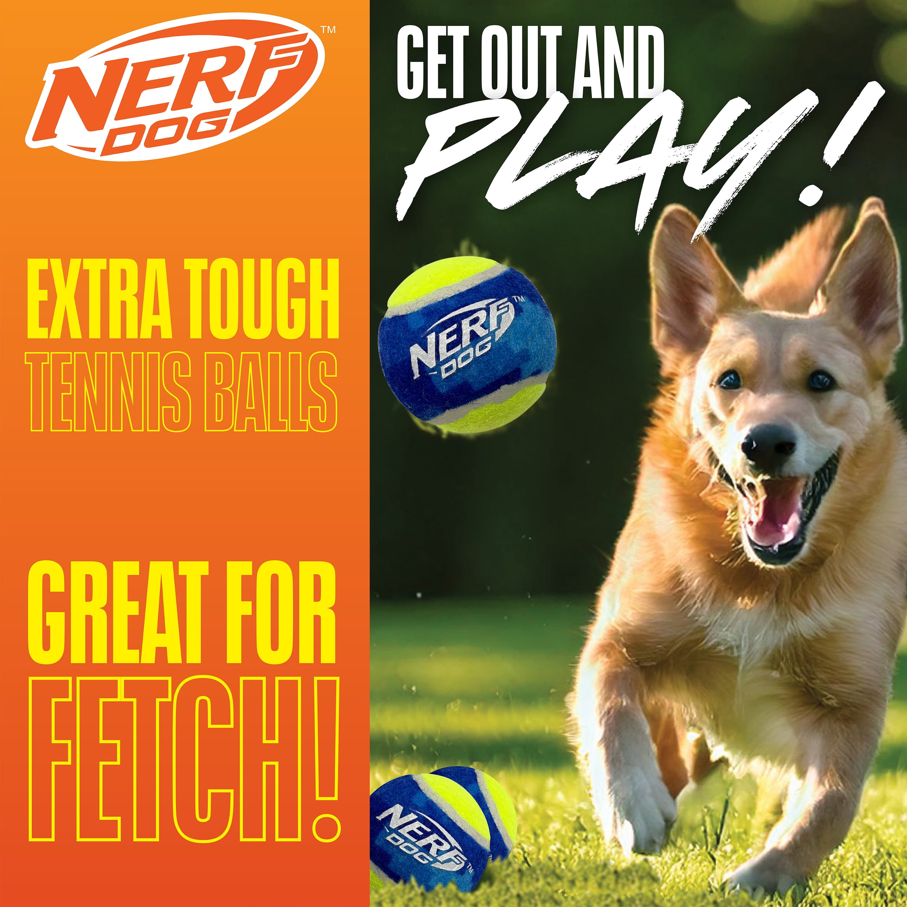 Nerf Dog 18 inch Distance Blaster Ball Launcher with Canister and 3 Pack of 2.5 inch Tennis Balls