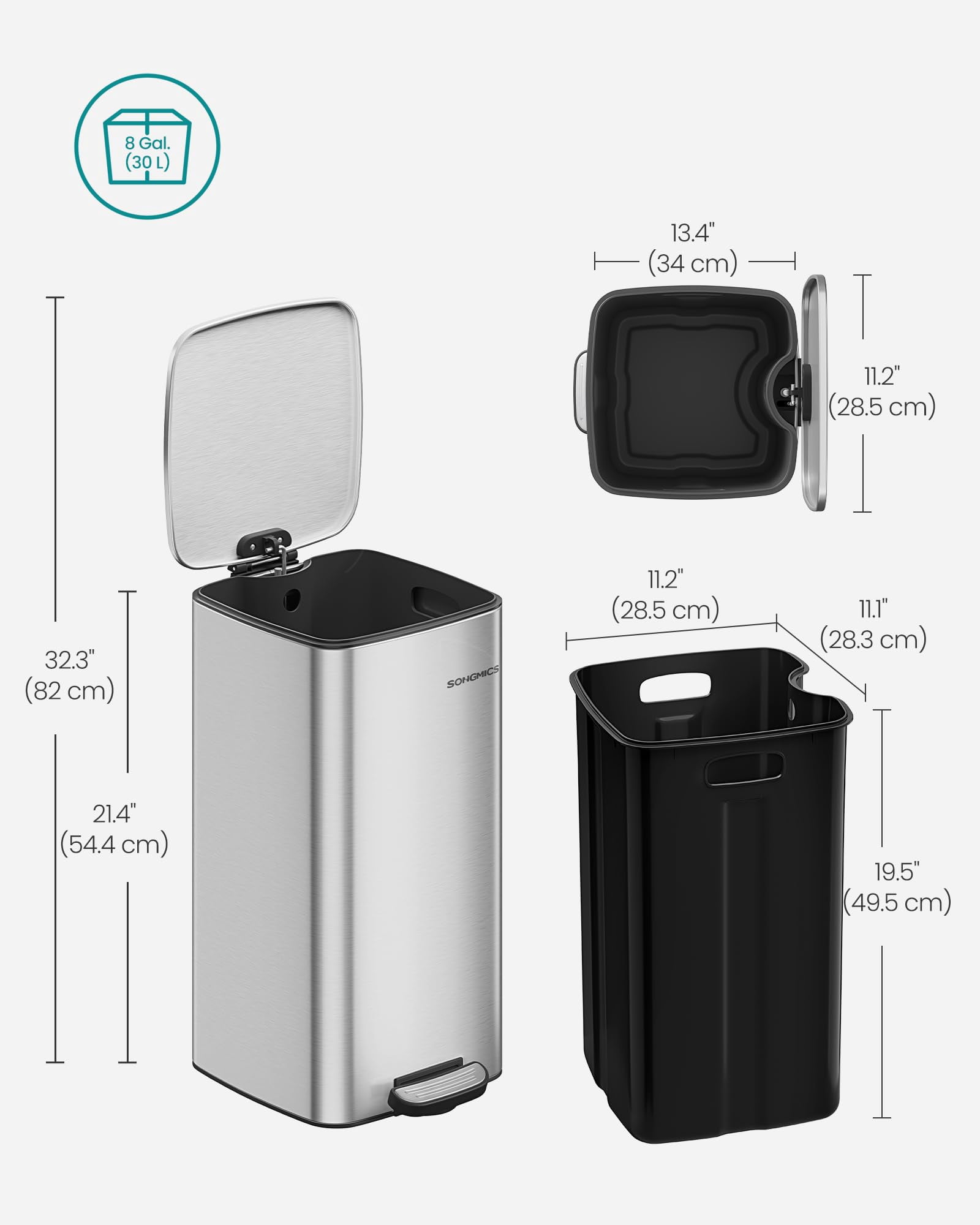 8-Gallon (30 L) Kitchen Trash Can, Trash Bin, Stainless Steel Garbage Can, with Inner Bucket, Soft Close and Stays Open, Metallic Silver