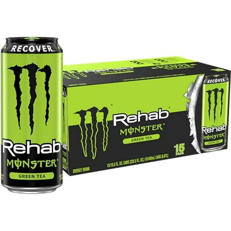 Exp /07/16/24 Monster Energy Rehab Green Tea + Energy  Energy Iced Tea  Energy Drink 15.5 Ounce (Pack of 15)