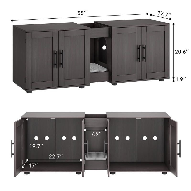 TROPOW Double Litter Box Enclosure,55" Furniture for 2 Cats, TV Stand,Waterproof Easy-Clean Surface,Cabinet Buckles & Storage Grooves,Suitable for living room, furniture decoration