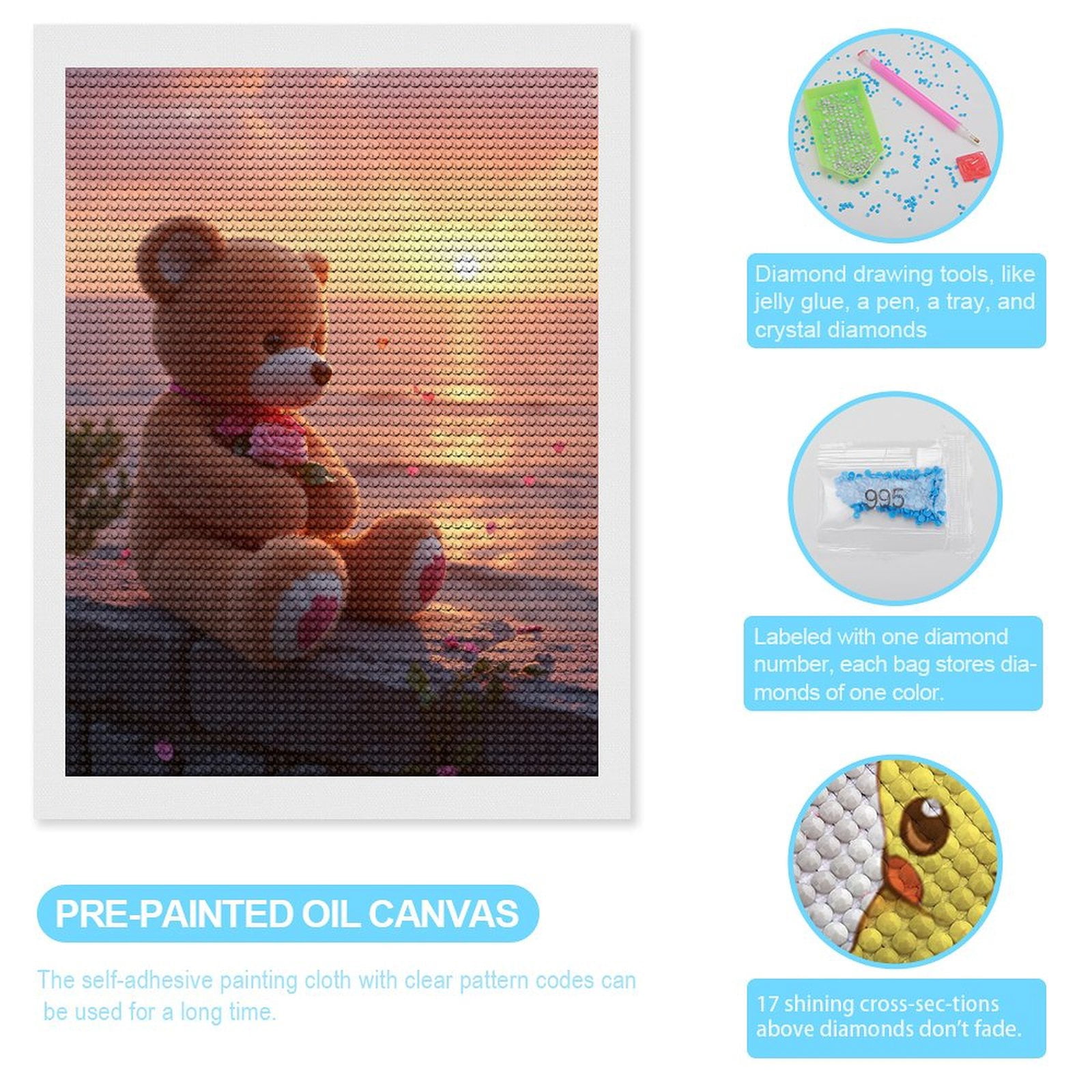 Diamond Art Kits for Adults, Teddy Bear Sunset Romance Blossom 5D Diamond Painting Kits for Adults Beginners, DIY Full Drill Diamond Painting, Gem Art and Crafts 12x16
