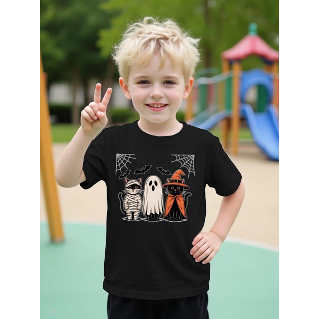 Halloween T-shirt - Boys' Halloween Cat & Print Cotton T-Shirt - Cute Short Sleeve Round Neck orange Top with Witch & Mummy Cats, Bats & Cobwebs - Soft Breathable Summer Playwear