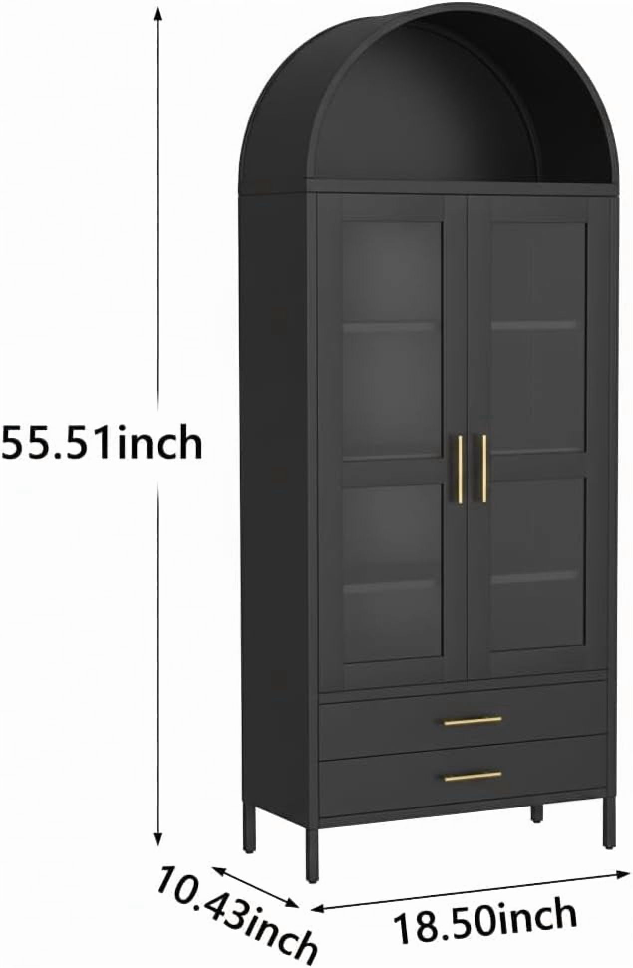 55" Tall Kitchen Pantry Cabinet, Arched Display with Glass Doors, 2 Drawers & Adjustable Shelves for Living, Dining Room, Black