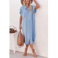 thumbnail image 2 of Chouyatou Women's Summer Loose Hand Pocket Midi Long Tunic Denim Shirt Dress, 2 of 6