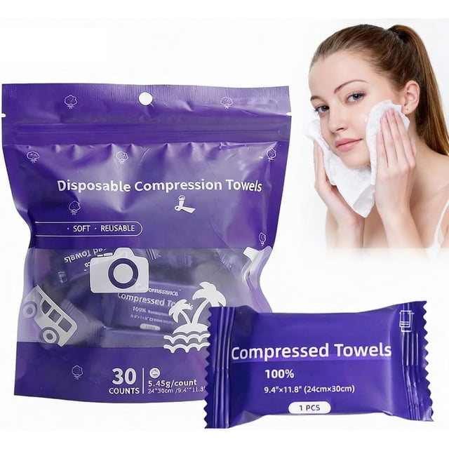 Perdiva Disposable Compressed Towels,Portable,Individually Packaged Washcloth Reusable, Highly Absorbent For Travel Camping Home Outdoor Activities (30pcs) (Purple)