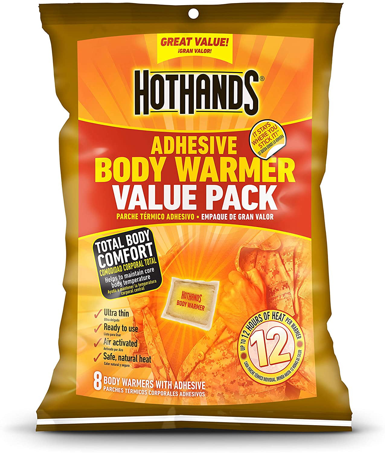 HotHands Adhesive Body Warmer Value Pack Long Lasting 8 Warmers 