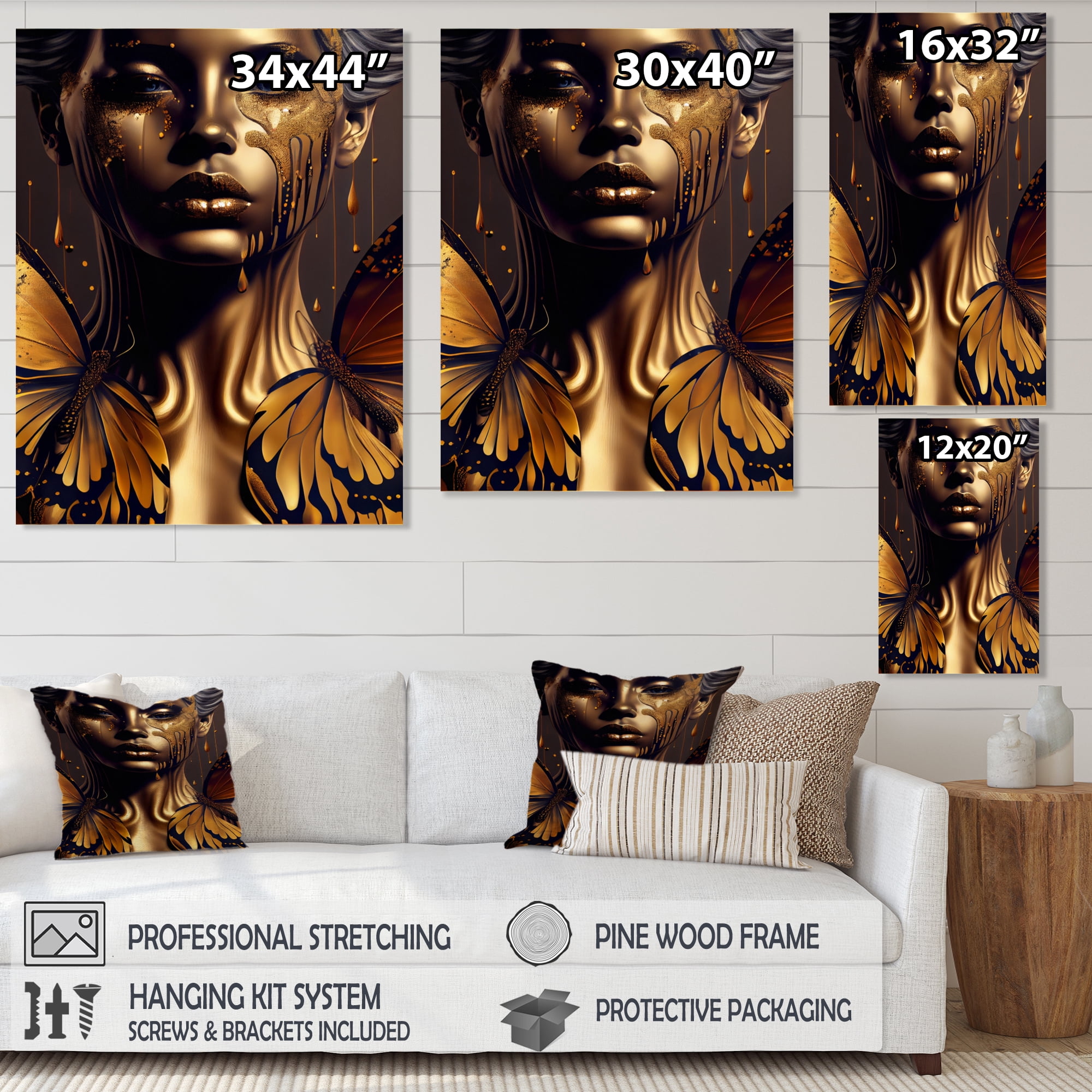 Designart Attractive Woman With Gold Butterflies IV Canvas Wall Art