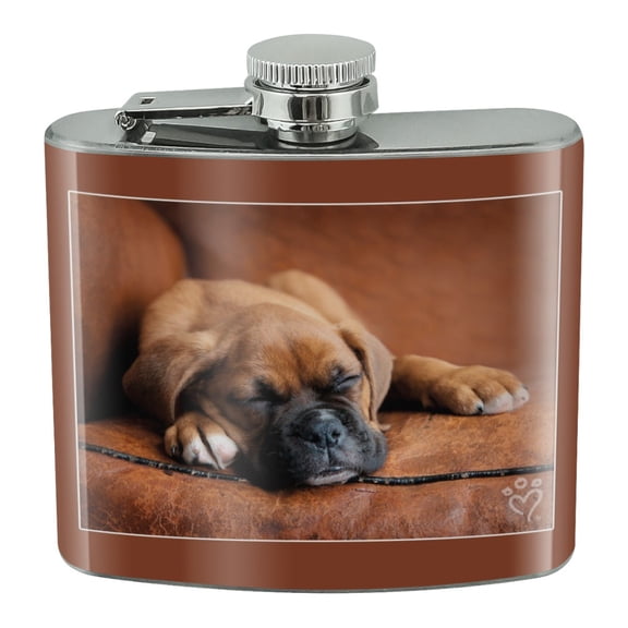 Boxer Puppy Dog Sleeping in Leather Chair Stainless Steel 5oz Hip Drink Kidney Flask