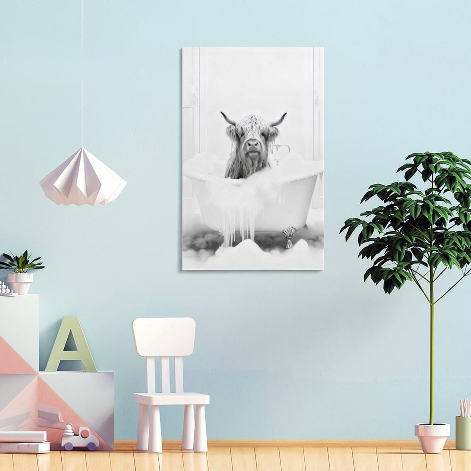 Funny Bathroom Framed Wall Art Black and White Animal Canvas Wall Art Prints Highland Cow In Bathtub Pictures Wall Decor Modern Minimalist Humorous Artwork For Restroom